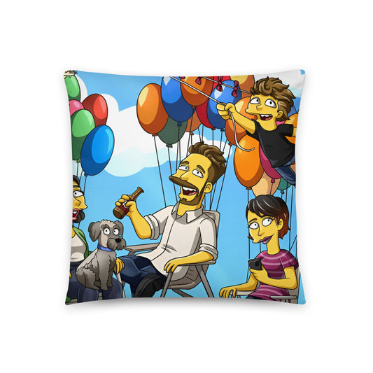 Custom Simpsons-style portrait printed on decorative throw pillow on a living room couch