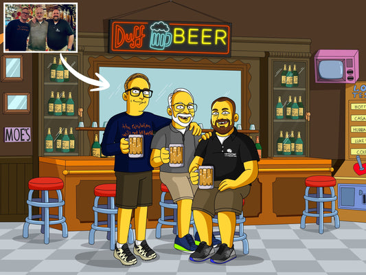 Custom Simpsons-style portrait featuring three yellow cartoon characters in Springfield setting