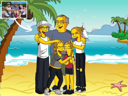 Large group custom Simpsons-style portrait with five or more yellow cartoon characters in a Springfield scene