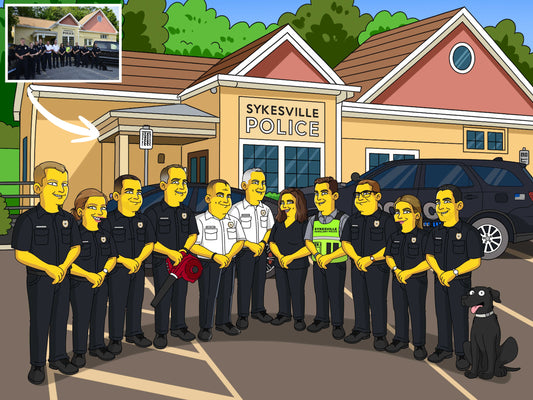 Custom Simpsons-style corporate team portrait with yellow cartoon business professionals in Springfield office
