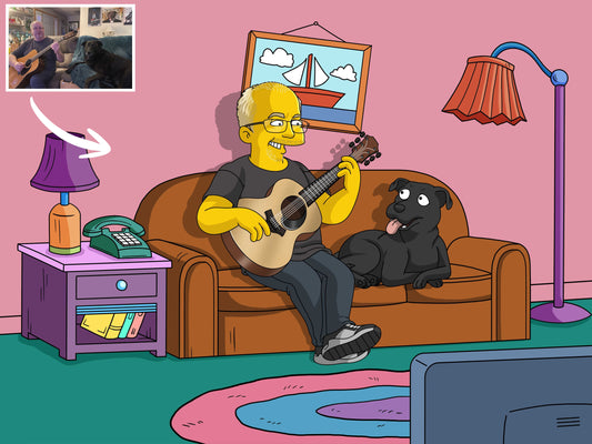 Custom Simpsons-style pet portrait with yellow cartoon dog and cat characters in Springfield setting