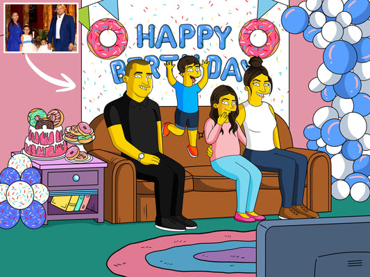 Custom Simpsons-style birthday portrait with yellow cartoon character holding a birthday cake in Springfield