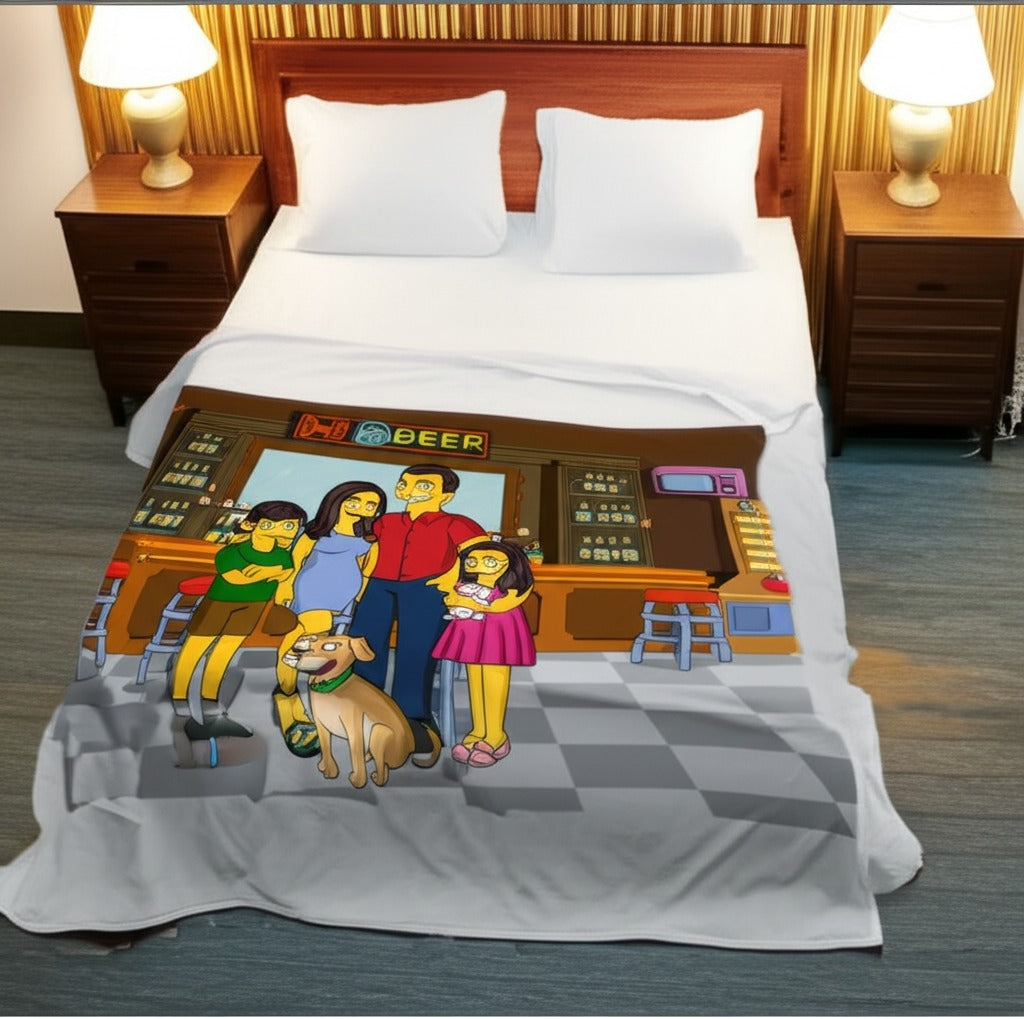 Custom Simpsons-style portrait printed on soft fleece blanket draped over a couch