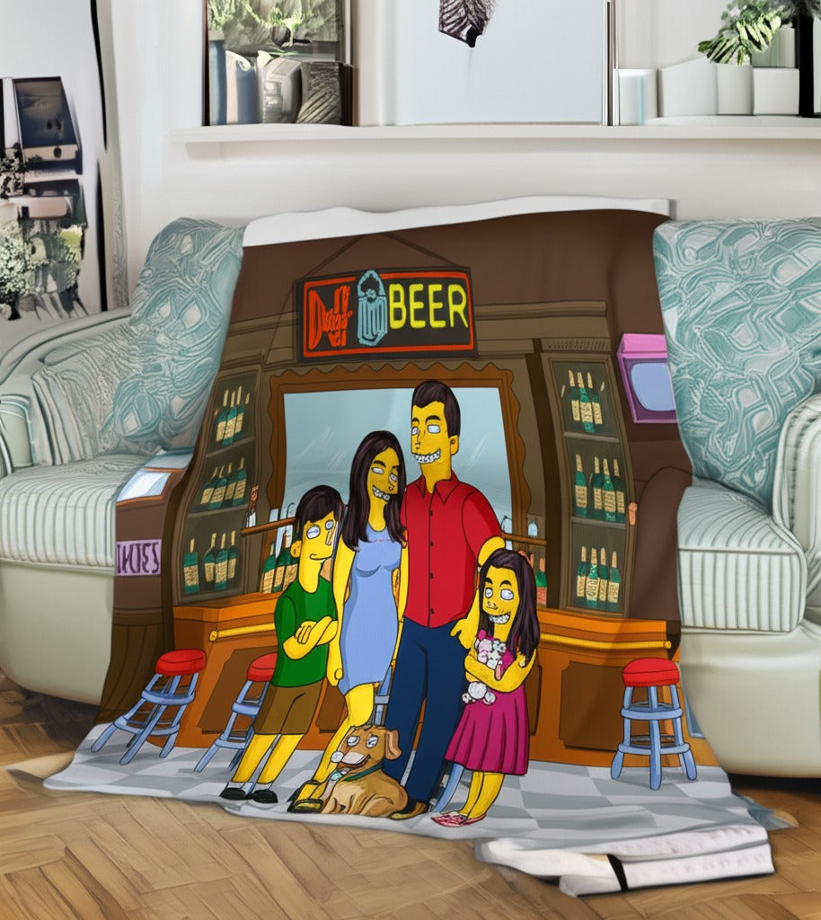 Custom Simpsons-style portrait printed on soft fleece blanket draped over a couch