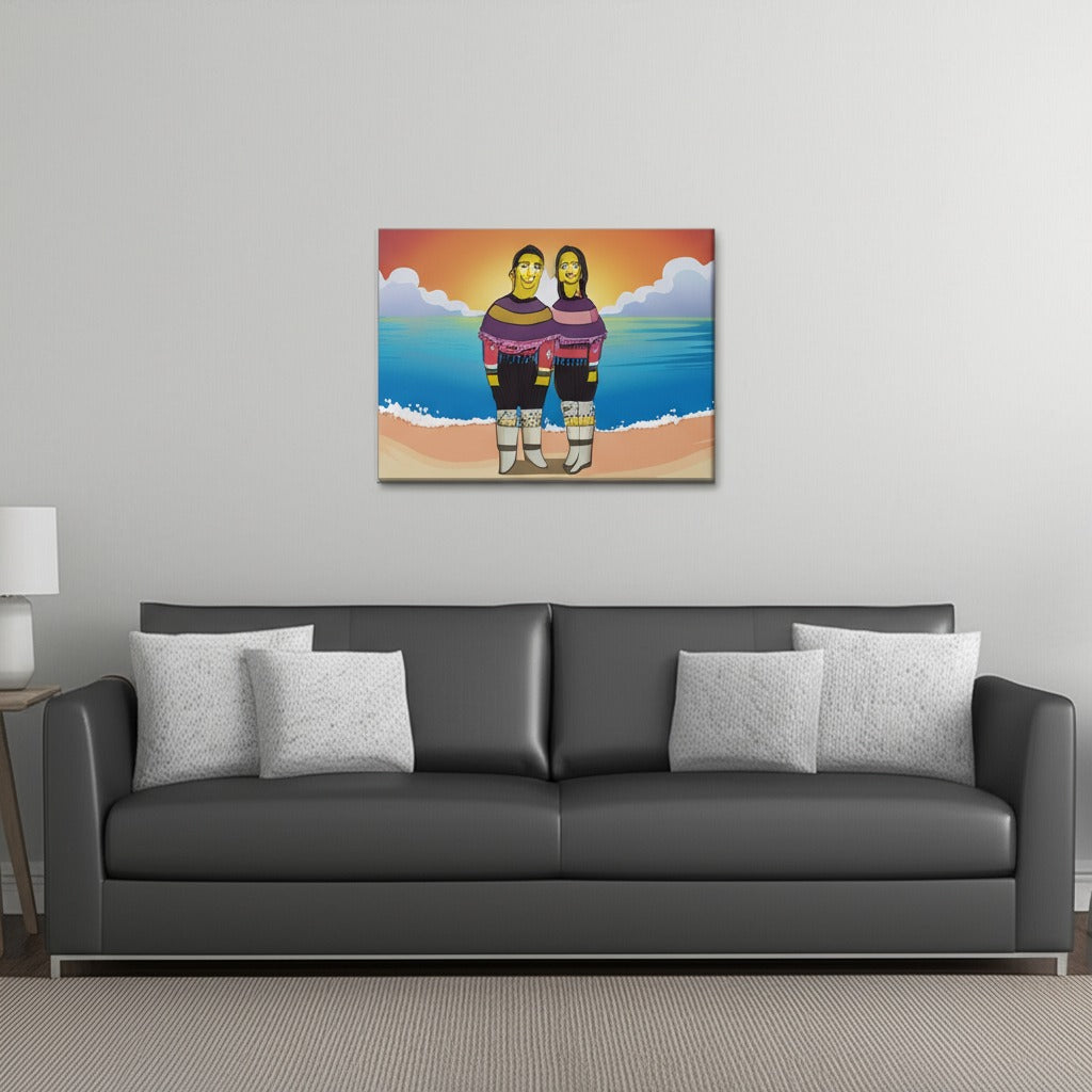 Custom Simpsons-style portrait printed on gallery-wrapped canvas hanging on a living room wall