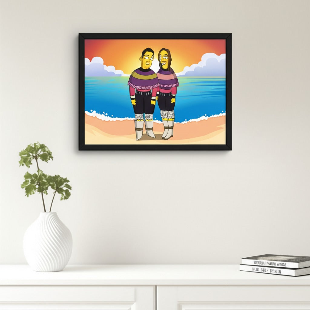 Custom Simpsons-style portrait in professional frame displayed on a bedroom wall