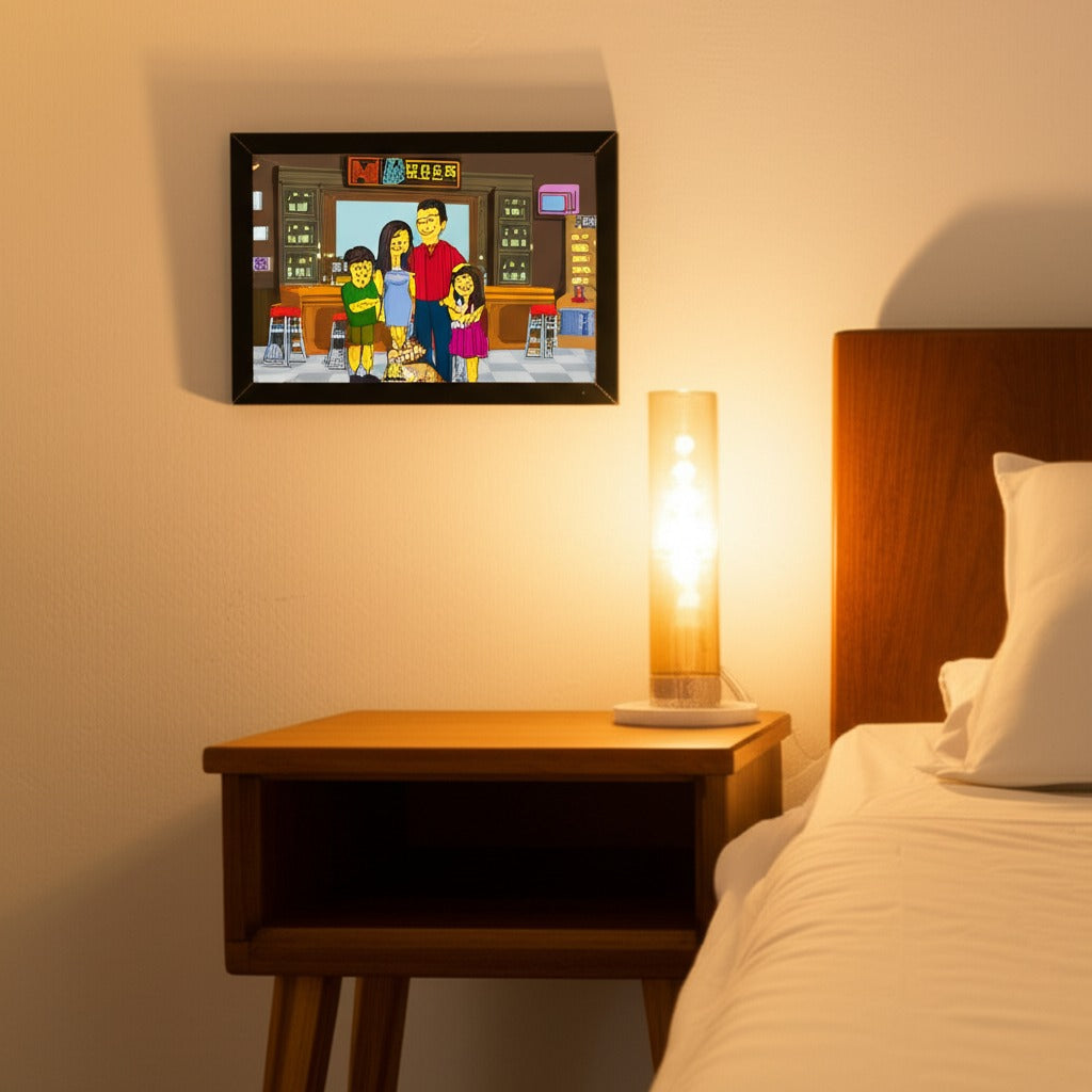 Custom Simpsons-style portrait in professional frame displayed on a bedroom wall