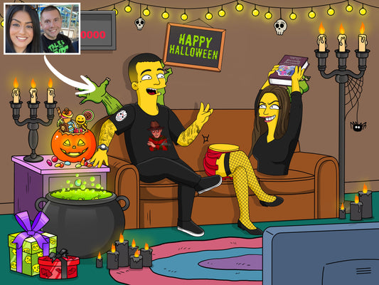 Custom Simpsons-style Halloween portrait with yellow cartoon character in spooky Springfield costume