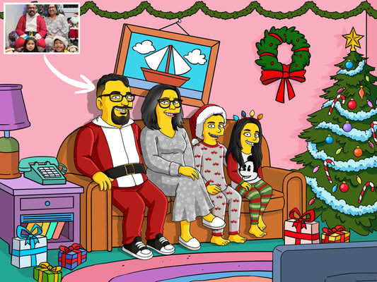 Custom Simpsons-style Christmas portrait with yellow cartoon family wearing Santa hats in front of Springfield Christmas tree