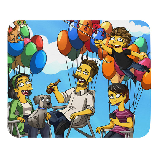 Custom Simpsons-style portrait printed on premium mousepad on a computer desk