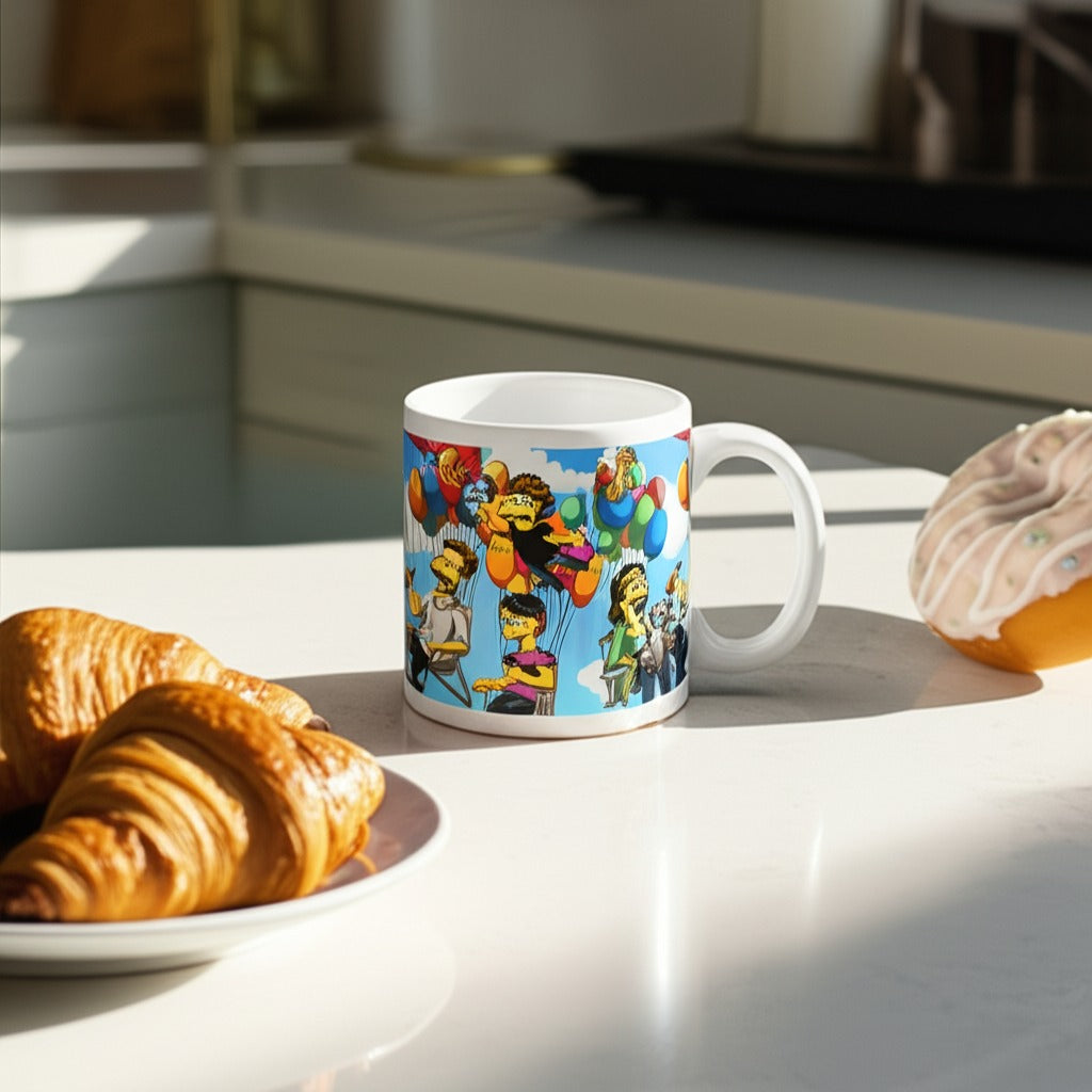 Custom Simpsons-style portrait printed on white ceramic coffee mug on a breakfast table