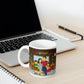 Custom Simpsons-style portrait printed on white ceramic coffee mug on a breakfast table
