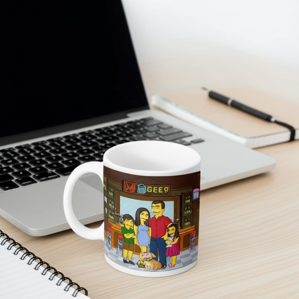 Custom Simpsons-style portrait printed on white ceramic coffee mug on a breakfast table
