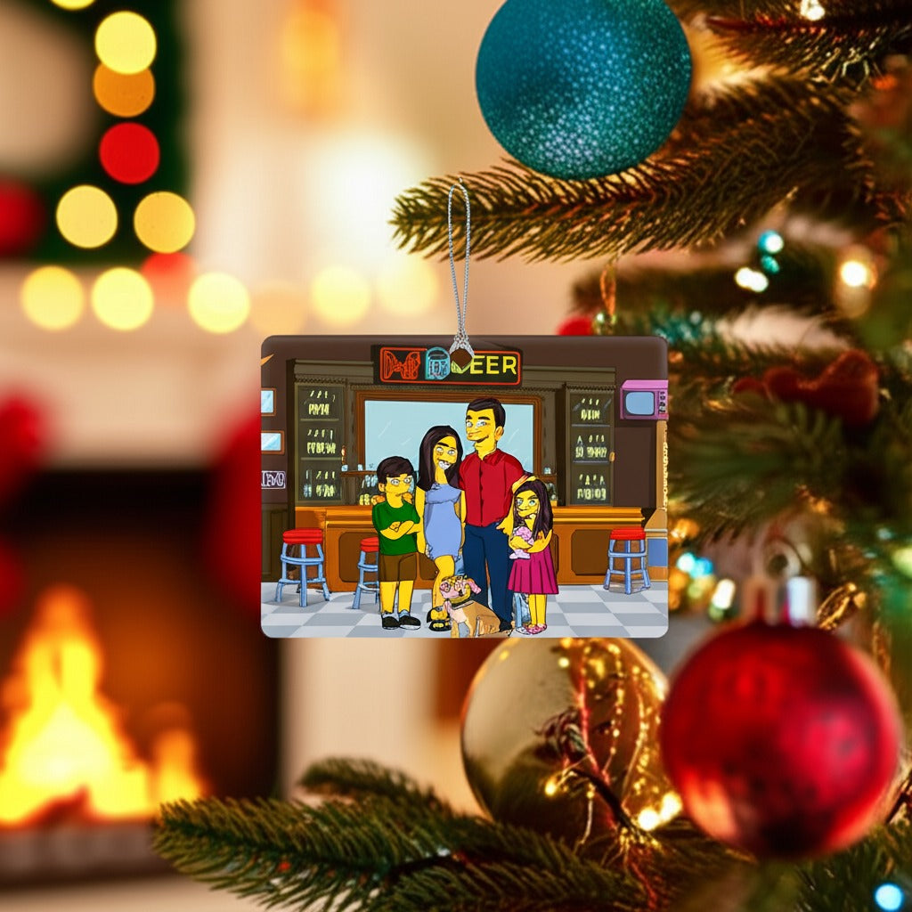 Custom Simpsons-style portrait Christmas ornament with yellow cartoon character hanging on a decorated Christmas tree