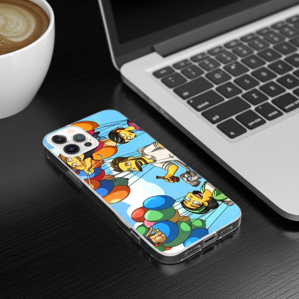 Custom Simpsons-style portrait printed on slim iPhone case held in a hand