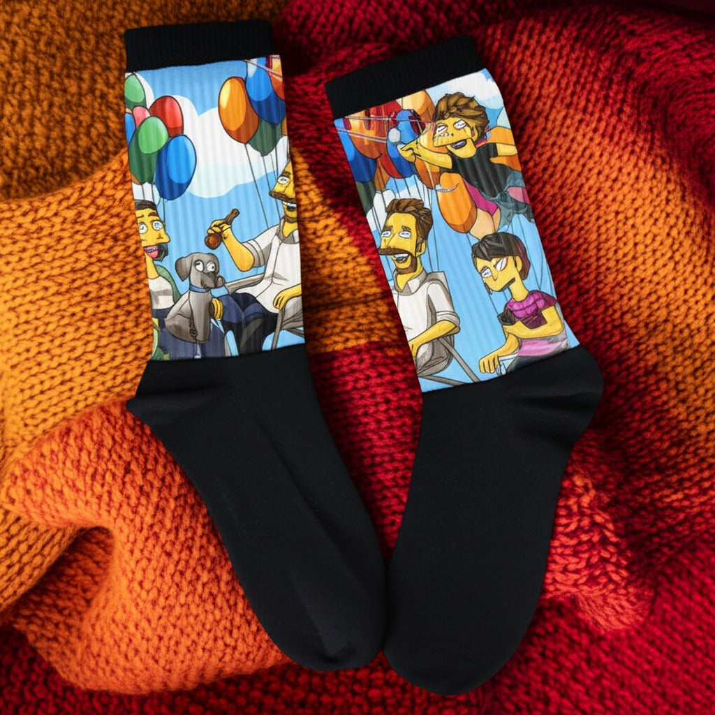 Custom Simpsons-style portrait printed on novelty crew socks with yellow cartoon face