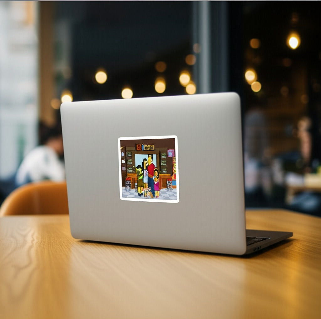 Custom Simpsons-style portrait stickers featuring yellow cartoon characters on a laptop and water bottle