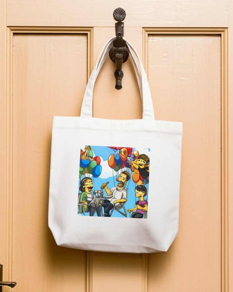 Custom Simpsons-style portrait printed on canvas tote bag carried over a shoulder