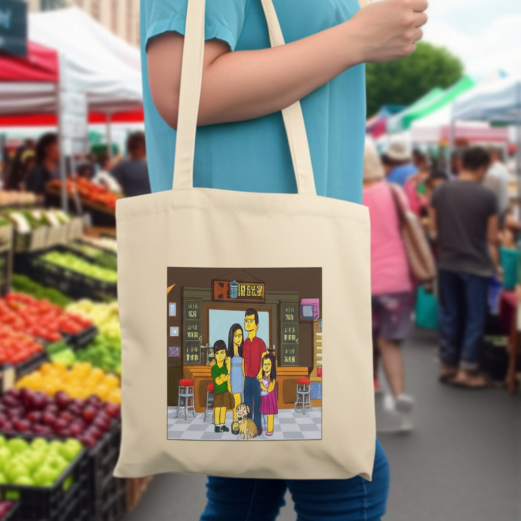 Custom Simpsons-style portrait printed on canvas tote bag carried over a shoulder