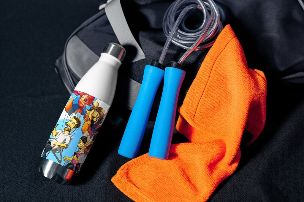 Custom Simpsons-style portrait printed on stainless steel water bottle on a gym bench