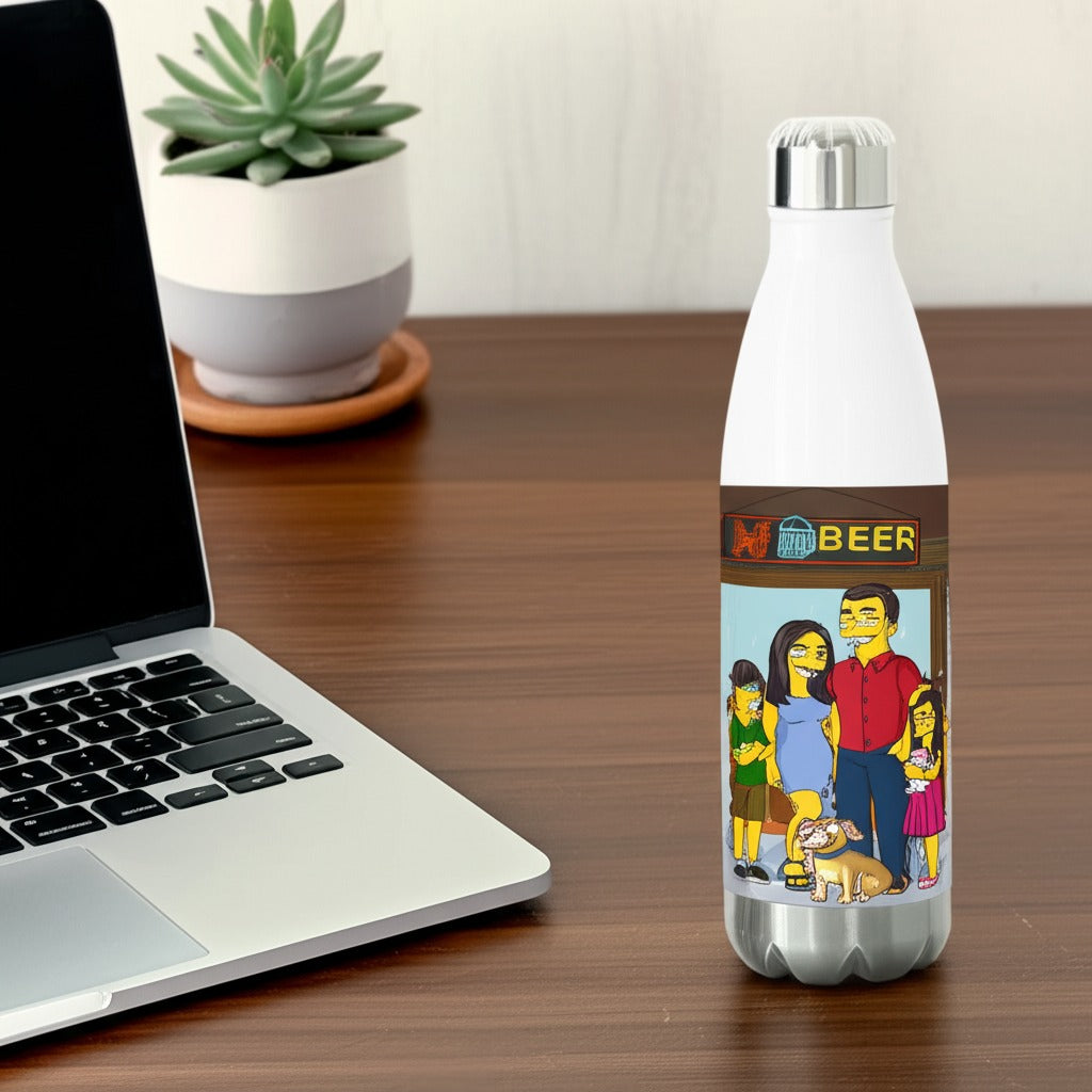 Custom Simpsons-style portrait printed on stainless steel water bottle on a gym bench