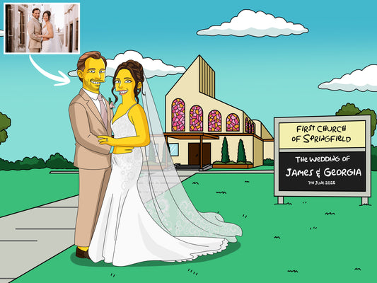 Custom Simpsons-style wedding portrait with yellow cartoon bride and groom at Springfield wedding venue